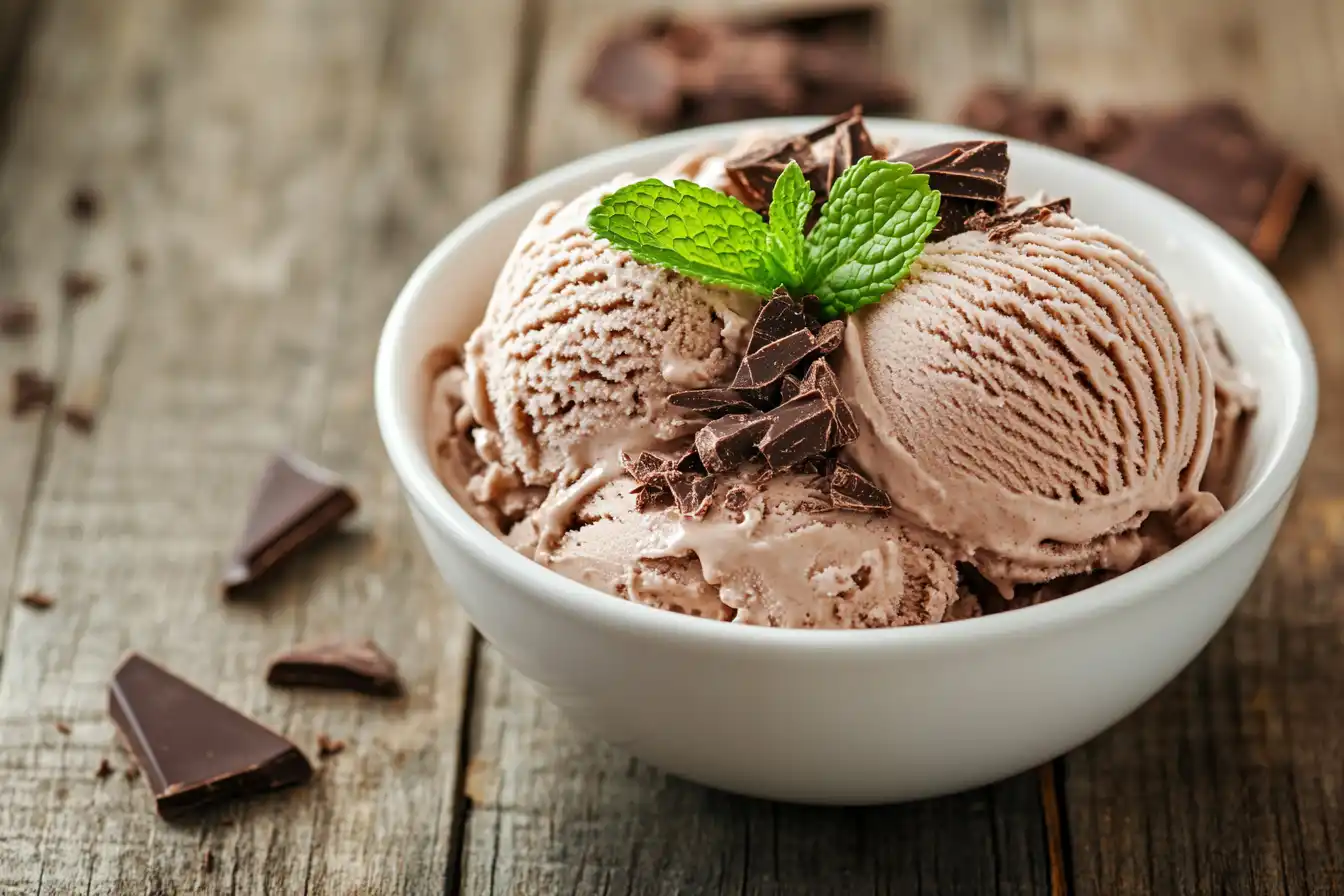Chocolate cottage cheese ice cream in a ceramic bowl