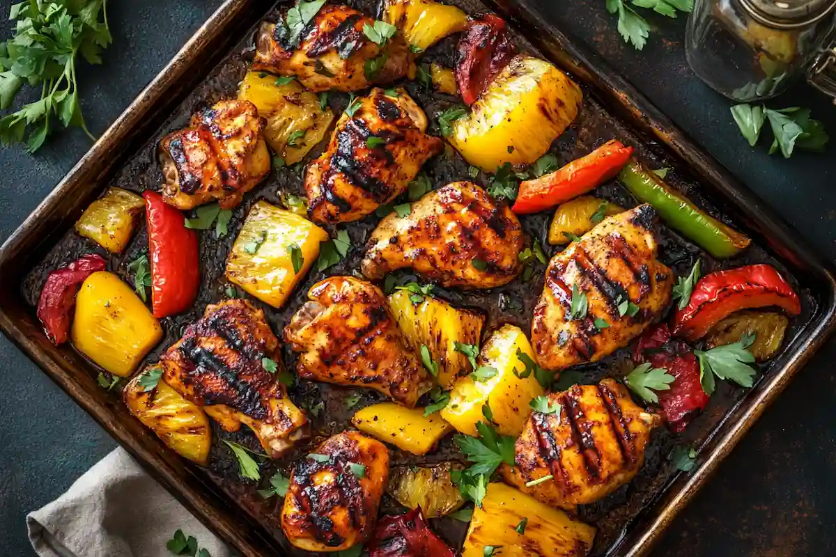 Hawaiian chicken sheet pan with pineapple and veggies